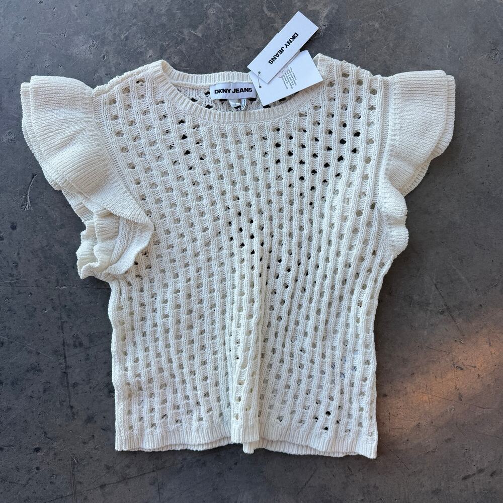 DKNY Jeans Ruffle Trim Beige Knit Sweater Chenille Pointelle Women's Small NWT